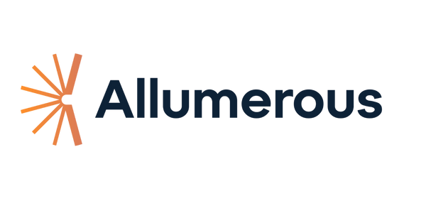 The Allumerous brand logo on a plain white background, featuring an orange burst icon and the word 'Allumerous' in dark navy blue text.